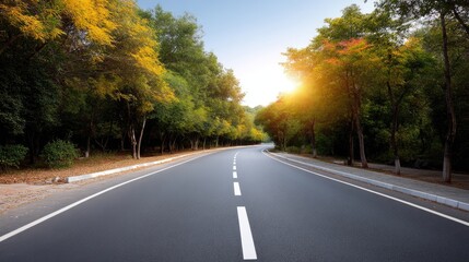 Obraz premium Serene Empty Road Surrounded by Vibrant Trees at Sunrise in a Peaceful Landscape with Natural Light Streaming Through Foliage