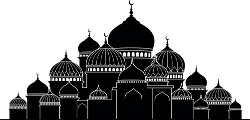 Intricate mosque facade with numerous domes and minarets © mdzamiluddin