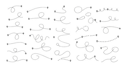 Collection of abstract line path markers, journey pins, and location indicators with dotted and solid lines for design