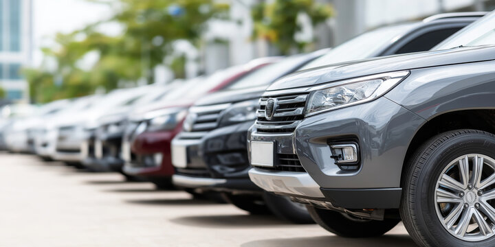 Lineup of new cars parked at an outdoor dealership lot, bright sunlight highlighting a modern selection of SUVs and sedans for sale