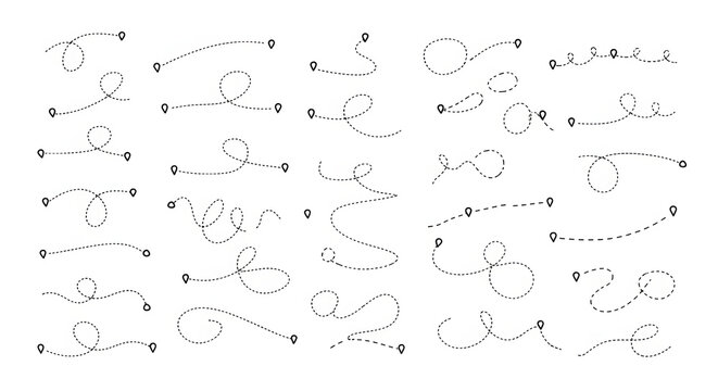 Collection of abstract line path markers, journey pins, and location indicators with dotted and solid lines for design