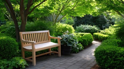 Fototapeta premium Serene Garden Bench Surrounded by Lush Greenery and Vibrant Plants Under a Bright Blue Sky in a Peaceful Outdoor Setting