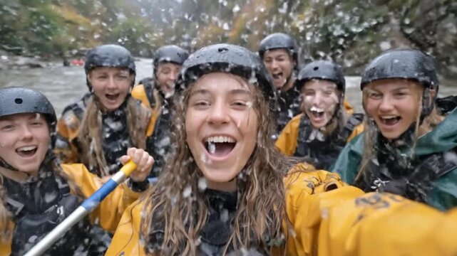  A group of exuberant individuals revels in the thrill of a whitewater rafting experience.
