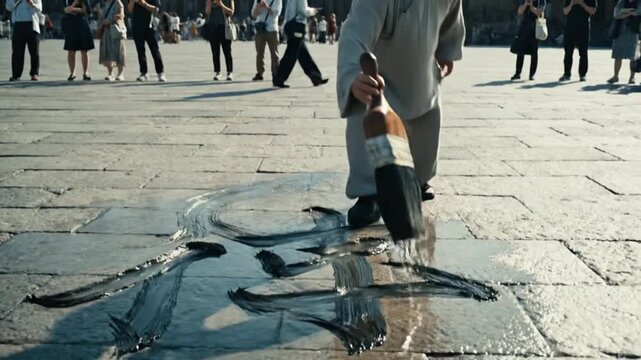 Traditional Chinese Water Calligraphy: Person Skillfully Painting Ephemeral Characters with Large Brush on Stone Pavement in Public Square, Cultura...