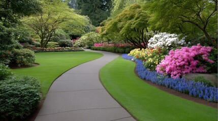 Obraz premium Serene Garden Pathway Surrounded by Lush Green Grass and Vibrant Flower Beds in Blooming Colors of Azaleas, Lupines, and Other Floral Varieties