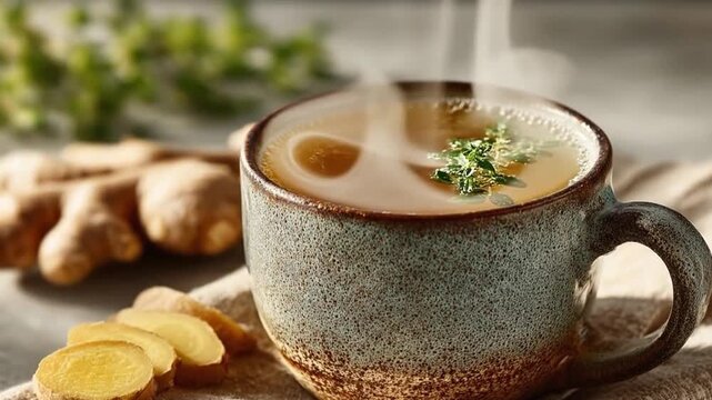 A rustic mug cradles a warm, fragrant ginger infusion, with fresh ginger slices and herbs, promising comfort and well-being.