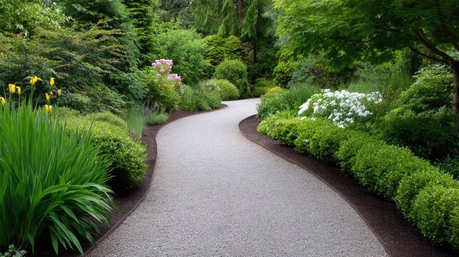 Serene Curved Pathway Through Lush Green Garden Surrounded by Vibrant Flowers and Dense Foliage Creating a Tranquil Nature Retreat Experience