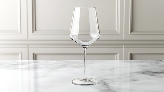 stemware. A crystal-clear wine glass on a marble countertop, reflecting soft light in an elegant minimalist scene. bar promotions.