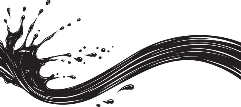 Black oil splash wave liquid flow abstract vector illustration graphic design element with flowing drops and splatters