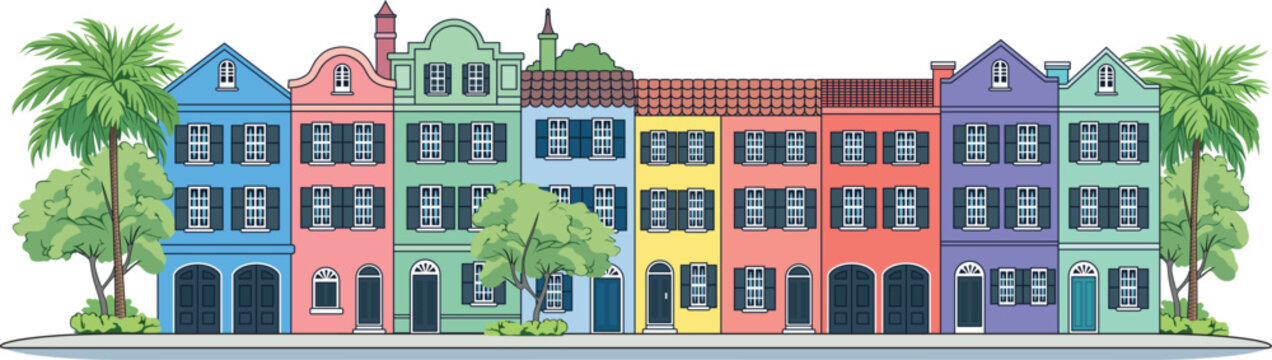 Colorful Historic Row Houses Illustration Inspired by Rainbow Row.eps
