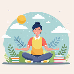A woman meditating peacefully on a cushion surrounded by books and nature elements, symbolizing wellness and knowledge