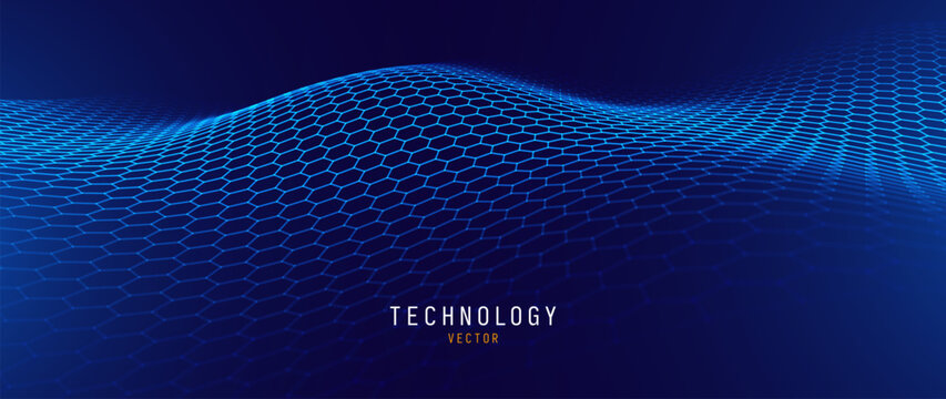 Blue Hexagons Pattern Background.  Graphene Technology Science 3D Background. Nanotechnology Honeycomb Lattice Nanostructure. Vector Illustration.