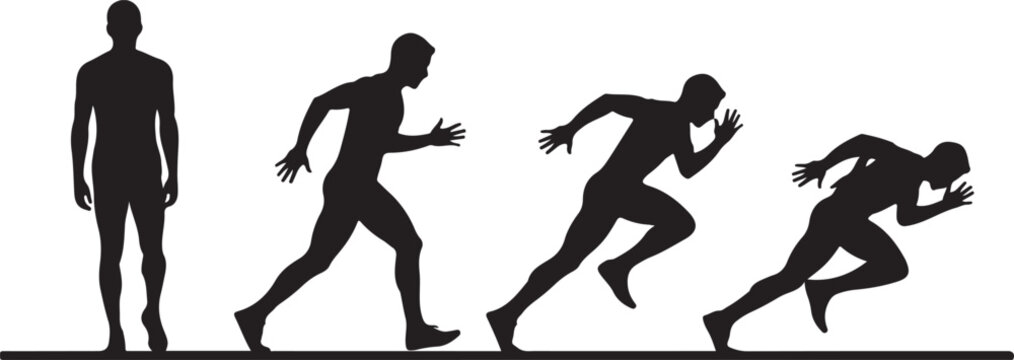 Runner silhouette sequence showing different stages of human motion from standing pose to sprinting sprint for athletic fitness activity