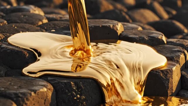 Slow motion video of viscous golden liquid, possibly honey or oil, pouring onto dark, textured basalt rock formations at sunset.