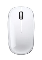 A top-down view of a white computer mouse.  It's oval-shaped, smooth, and glossy, with a small, light-colored button in the center top. A thin, dark cord runs down from the top