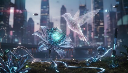 Fototapeta premium Holographic hummingbird formed from flickering light hovering over a futuristic data flower, a surreal, high-tech wildlife macro art scene