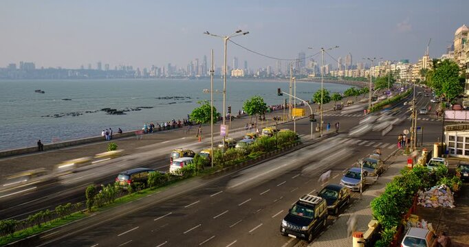 Marine Drive Coastal Road Traffic Timelapse in Mumbai, India