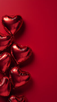 Glossy red heart balloons and 3D scattered hearts on red background with copy space, romantic festive layout for Valentines Day 2026, wedding anniversary, and Mother's Day celebration