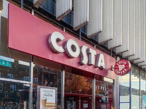 Costa coffee shop in Surrey, Costa Logo on the shop facade.England.