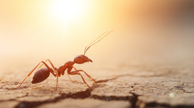 anxiously. Single worker ant on barren ground, circling in wide empty space under harsh sunlight. wildlife magazines, conservation campaigns, designed for wildlife conservation campaigns.