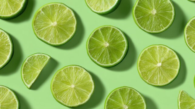 Close up of lime slices on a green background. The lime slices are cut in half and arranged in a pattern