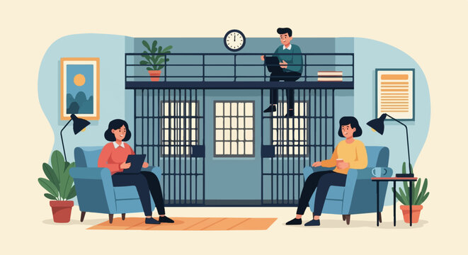 Two women sitting in chairs in a room with prison cells