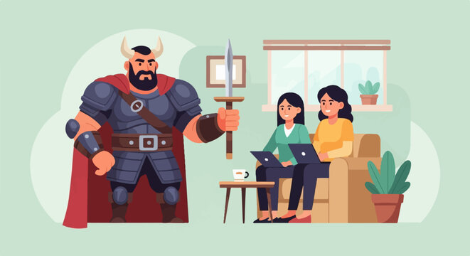 Warrior with sword confronts two women working on laptops indoors