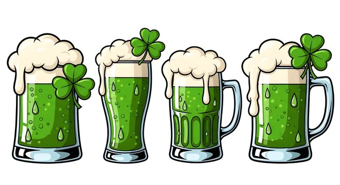 Beer Mugs Clipart Set with Green Beer, Foam, and Shamrock Garnish