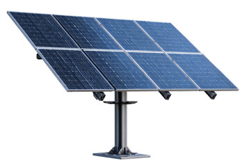 Solar panel array mounted on a  pivot stand.  A  grid of  dark-blue solar panels is fixed to a  metal  frame,  supported by a  tall,  heavy-duty  metal  pole