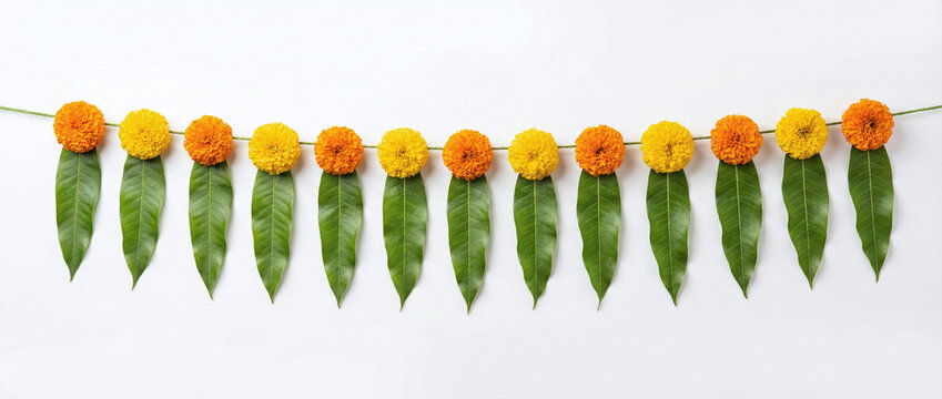 Indian flower garland of mango leaves and marigold flowers. Ugadi diwali ganesha festival poojas weddings functions holiday ornate decoration. Isolated on white background