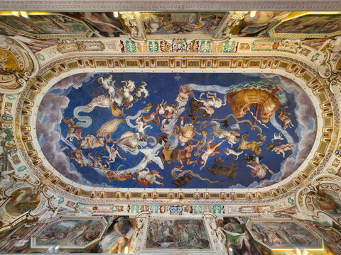 This ceiling fresco in the Sala del Mappamondo at Caprarola's Palazzo Farnese depicts the celestial spheres, the zodiac, and 50 constellations