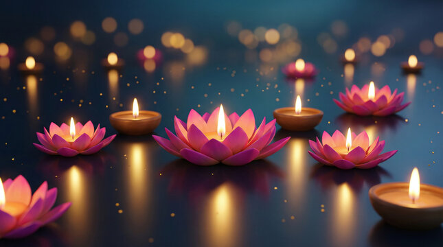 Floating Lotus Flowers with Lit Diyas on Water for Diwali and Spiritual Meditation Background