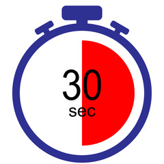 Stopwatch timer icon showing 30 seconds, countdown time measurement symbol, flat vector illustration