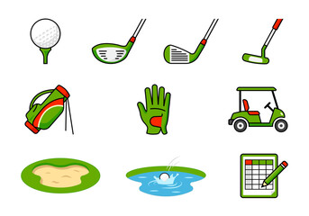 Golf icon set with golf clubs, ball on tee, bag, gloves and golf cart. Vector illustration. 