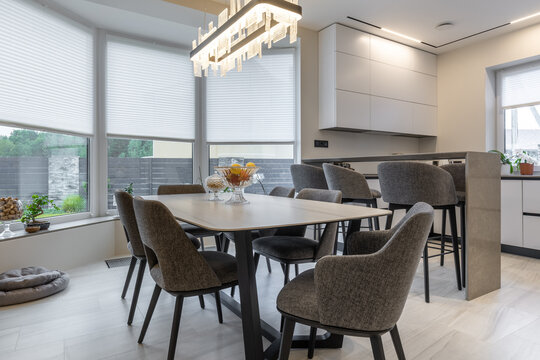 Modern open plan dining room and kitchen with pet bed detail