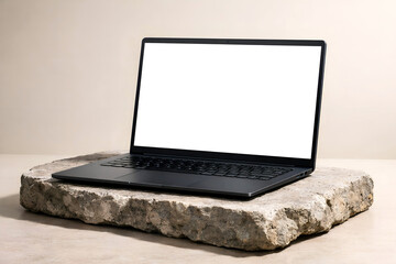 Fototapeta premium Open laptop with blank white screen placed on rough stone slab for modern mockup