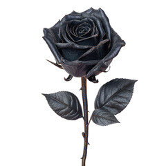 A single, deep black rose, exquisitely detailed, stands against a pure black background.  The rose petals and stem are a dark, rich shade of black, almost appearing as if dipped or treated. 