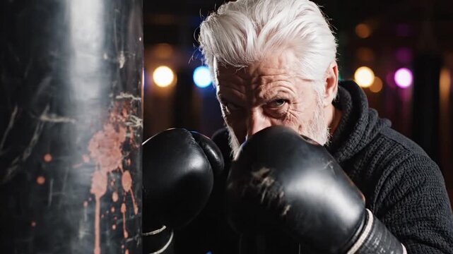 Elderly man with determined expression wearing boxing gloves in a dimly lit gym with blurred background lights