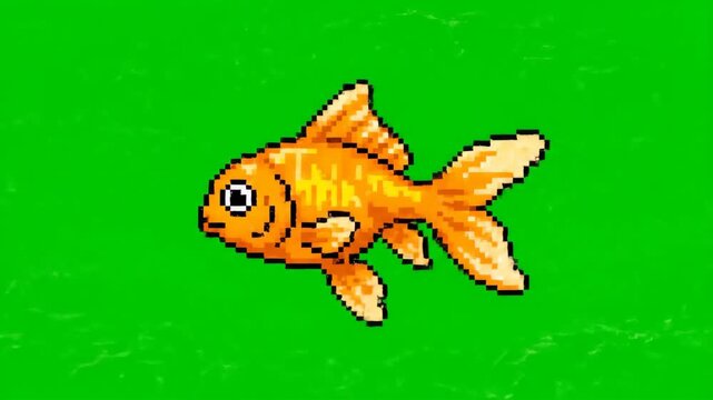 Animated Pixel Art Goldfish Swimming with Rhythmic Movements on Green Screen