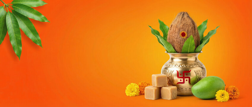 Happy Ugadi Greeting Card Banner Background With Decorated Kalash and mangoes traditional new year festival 