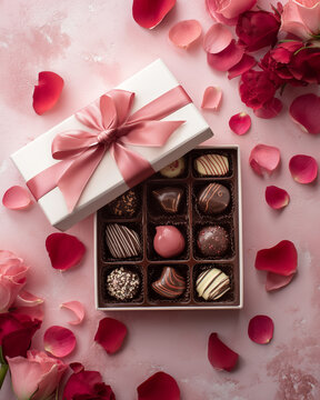 Valentine gift box with chocolate pralines and rose petals on pink background, romantic flat lay for Valentines Day 2026 celebration, wedding anniversary, and Mother's Day surprise concept