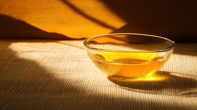 consomme. Crystal clear glass bowl filled with golden consomme soup, natural window lighting. menu design, packaging mockups, designed for food delivery and cloud-kitchen brand materials.