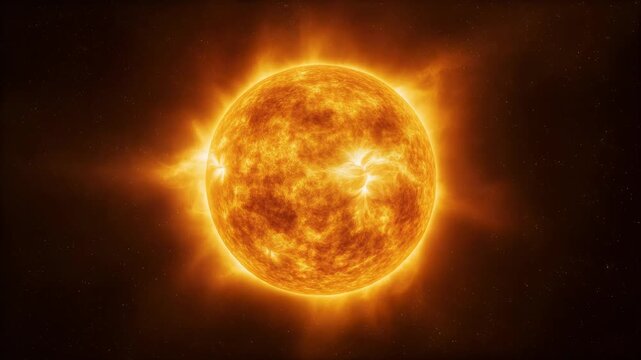 Close-up 3D animation of the Sun in space, intense hot flares and prominences splashing from