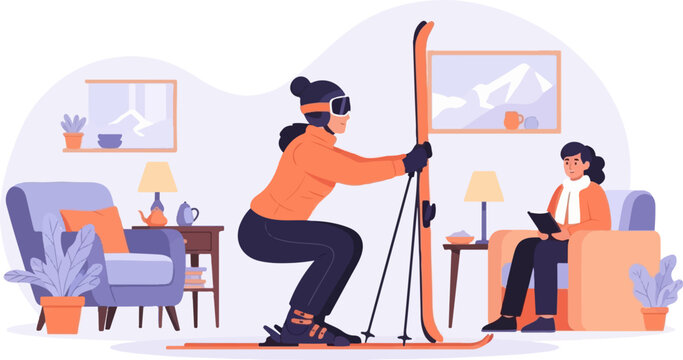 Woman in ski gear practicing squats indoors near a woman reading