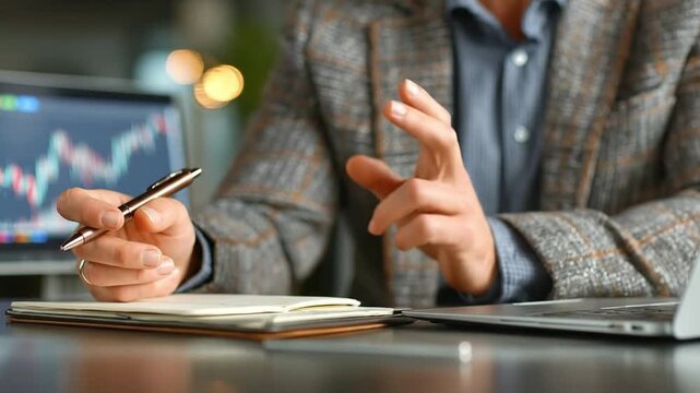  A business professional thoughtfully examines market trends, making notes while poised for important decisions.