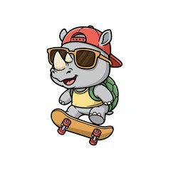Cool Rhinoceros Skater Cartoon Illustration with Sunglasses and Cap.