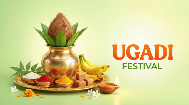Ugadi Greeting card with Kalash and traditional food pachadi with all flavors for Indian New Year festival Ugadi (Gudi Padwa, Yugadi).