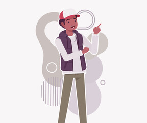 Young dark skin guy wearing cool cap, vest finger pointing. Boy outdoor camping holiday, male hiking, shipping service delivery courier. Vector flat style cartoon illustration, creative background