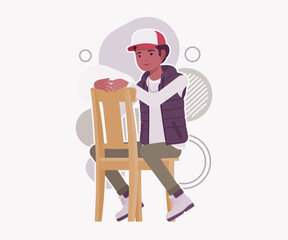 Young dark skin guy wearing cap, vest chair sit pose. Boy outdoor camping holiday, male hiking, shipping service delivery courier. Vector flat style cartoon illustration, creative background