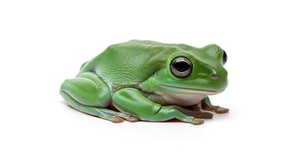 Obraz premium Green Frog Sitting on White Background.